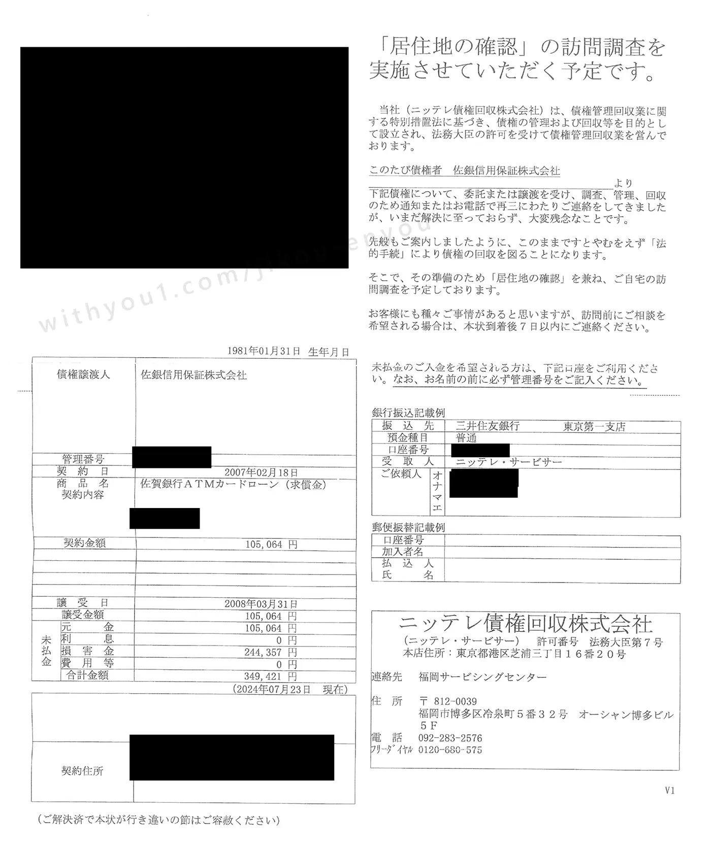 youhei様確認ページ ニッテレ債権株式会社「居住地の確認の訪問調査」の通知の対処方法